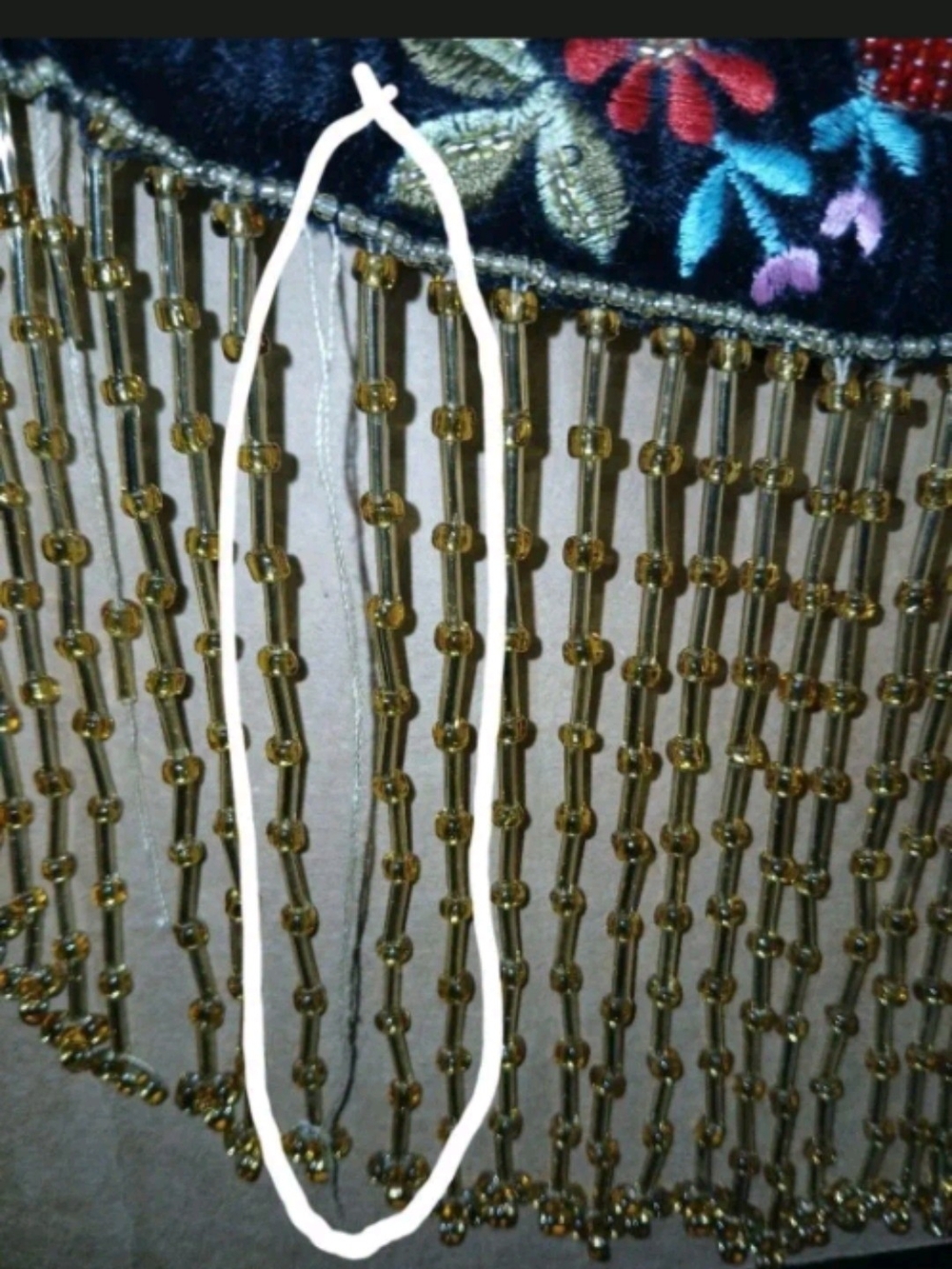 Embroidered Black Velvet Drawstring Bag with Gold Beaded Fringe - Picture 5 of 5